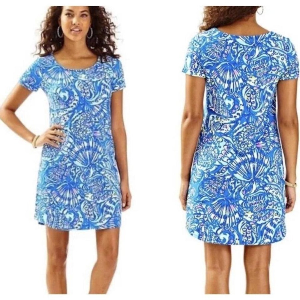 Lilly Pulitzer Tunic Dress Blue White Seashell Print Short Sleeve Women's Medium